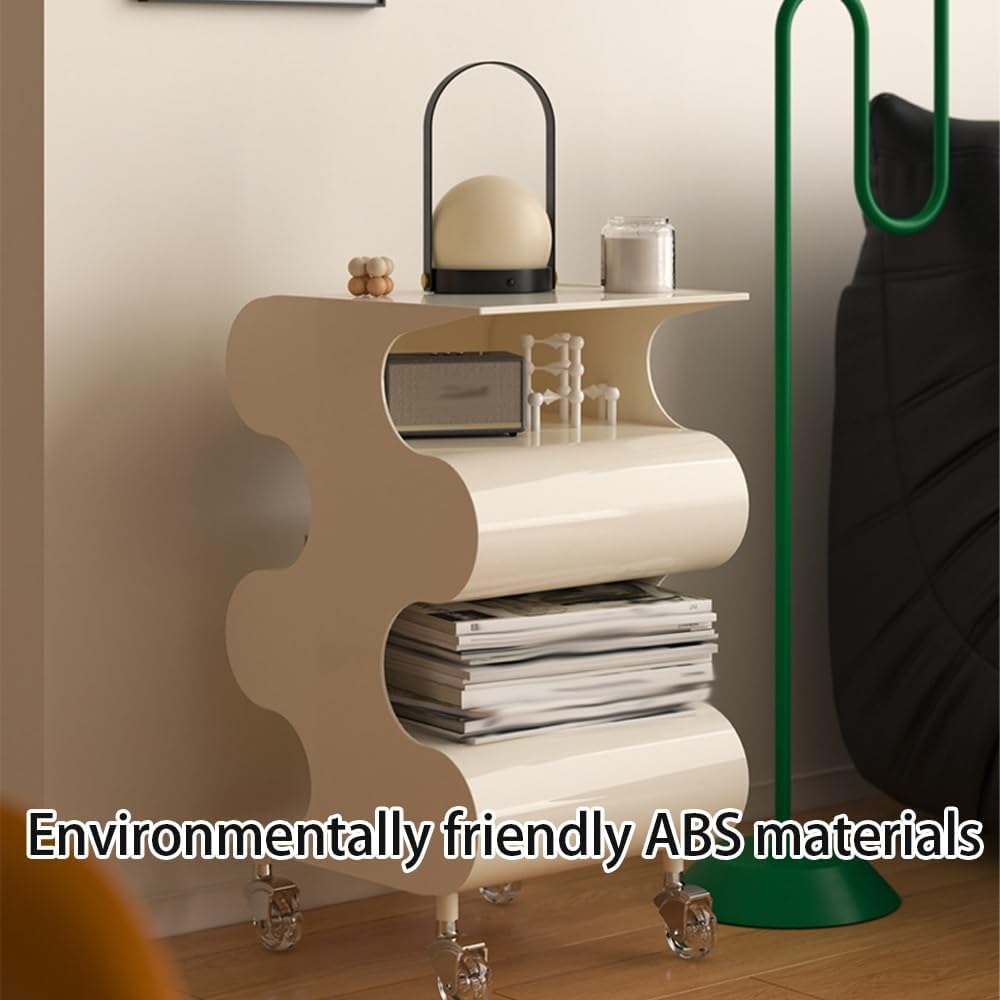 S-Shaped ABS Plastic Side Table, Movable Bedside Table with Wheels, Minimalist and Creative Sofa Table, Small Multi-Layer Magazine Rack, Coffee Table with Storage Function(Red)