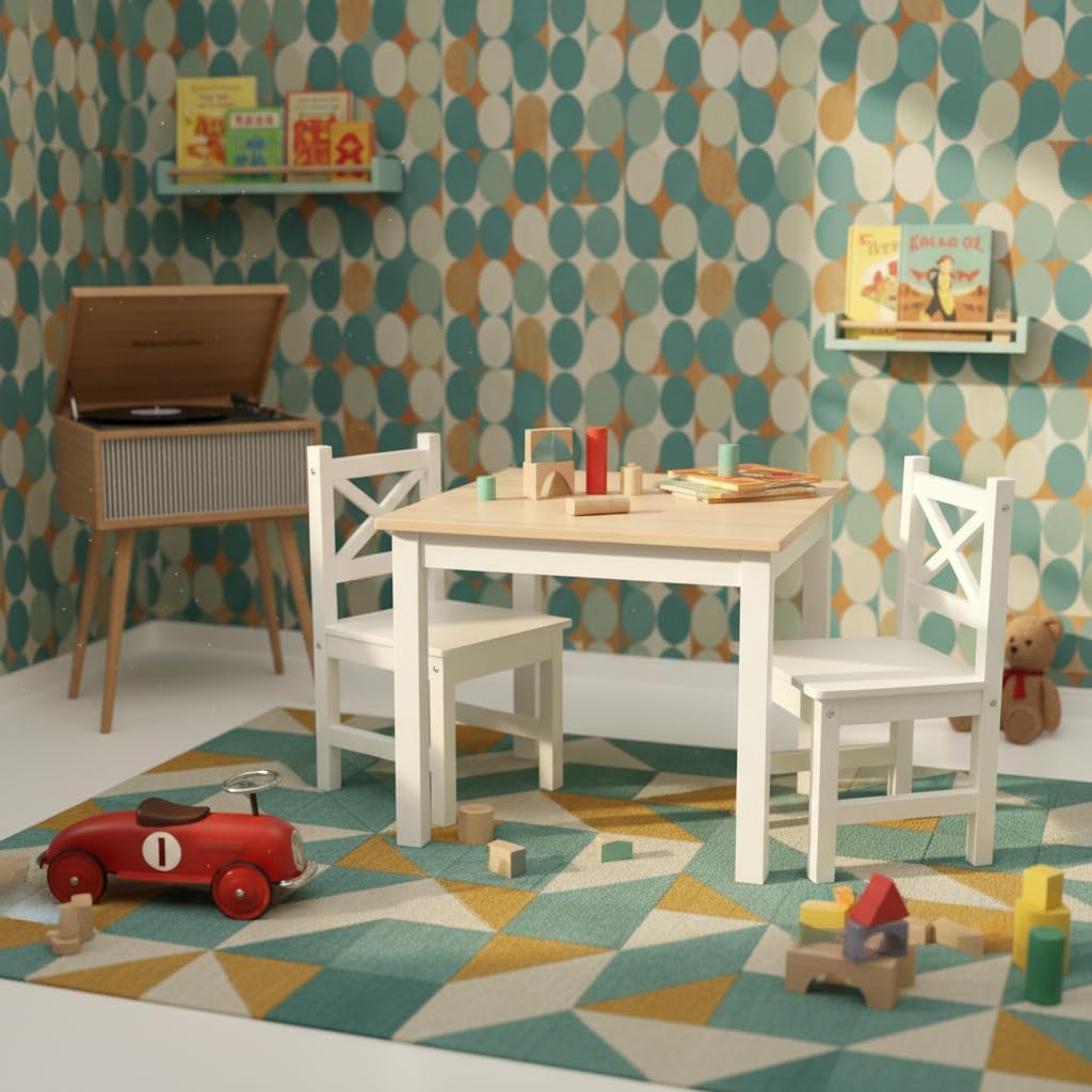 PETIT BATEAU Wood Kids Table & 2 Chairs,Irish Design,Ages 2-8,Whitecolor | Solid Wood Toddler Kids Table and 2 Chairs Set,Modern Wooden Furniture