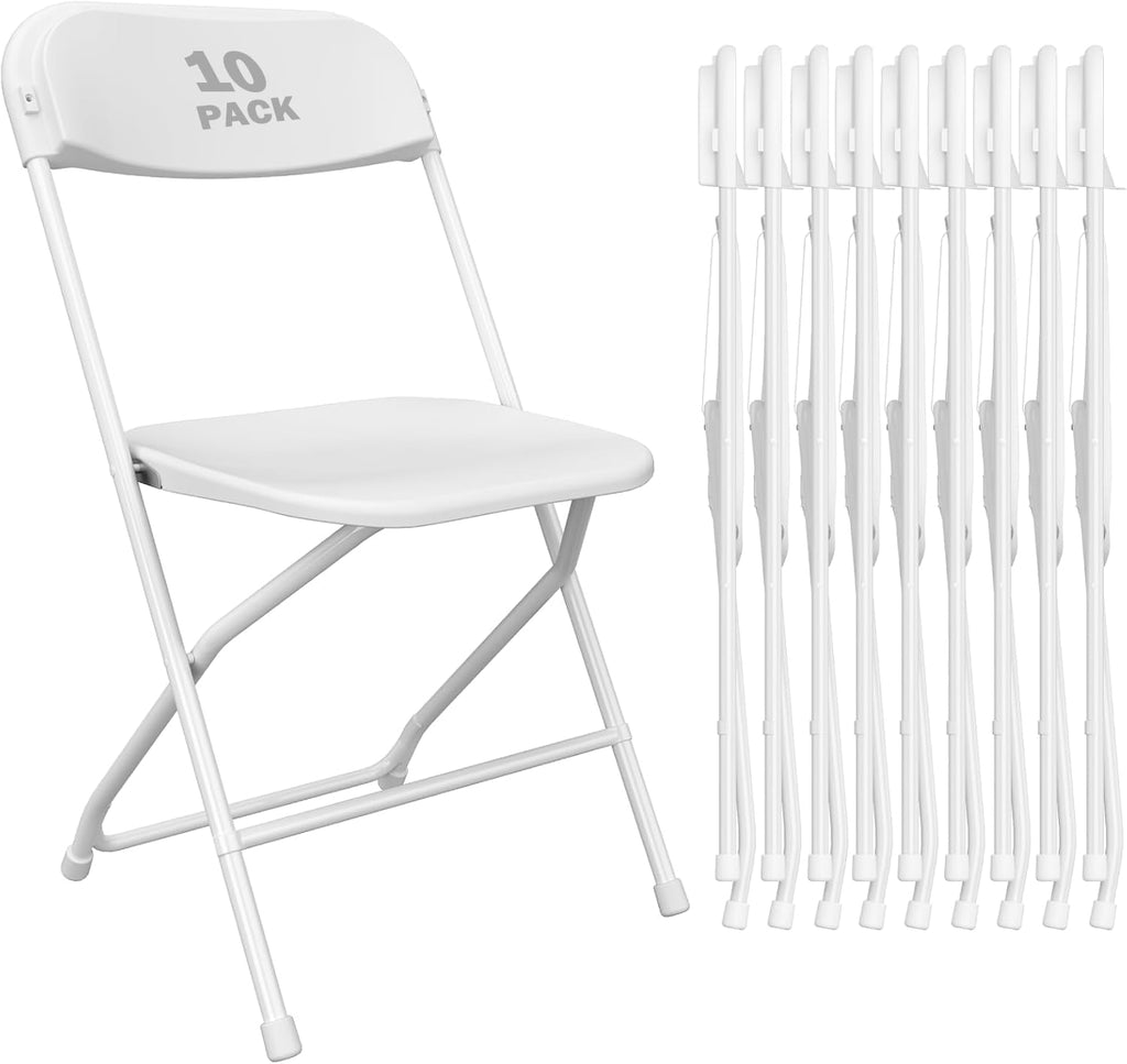 10 Pack White Plastic Folding Chairs, Portable Stackable Commercial Chairs with Steel Frame, 350 lb Capacity Indoor Outdoor Seating for Wedding Party Event Office Dining