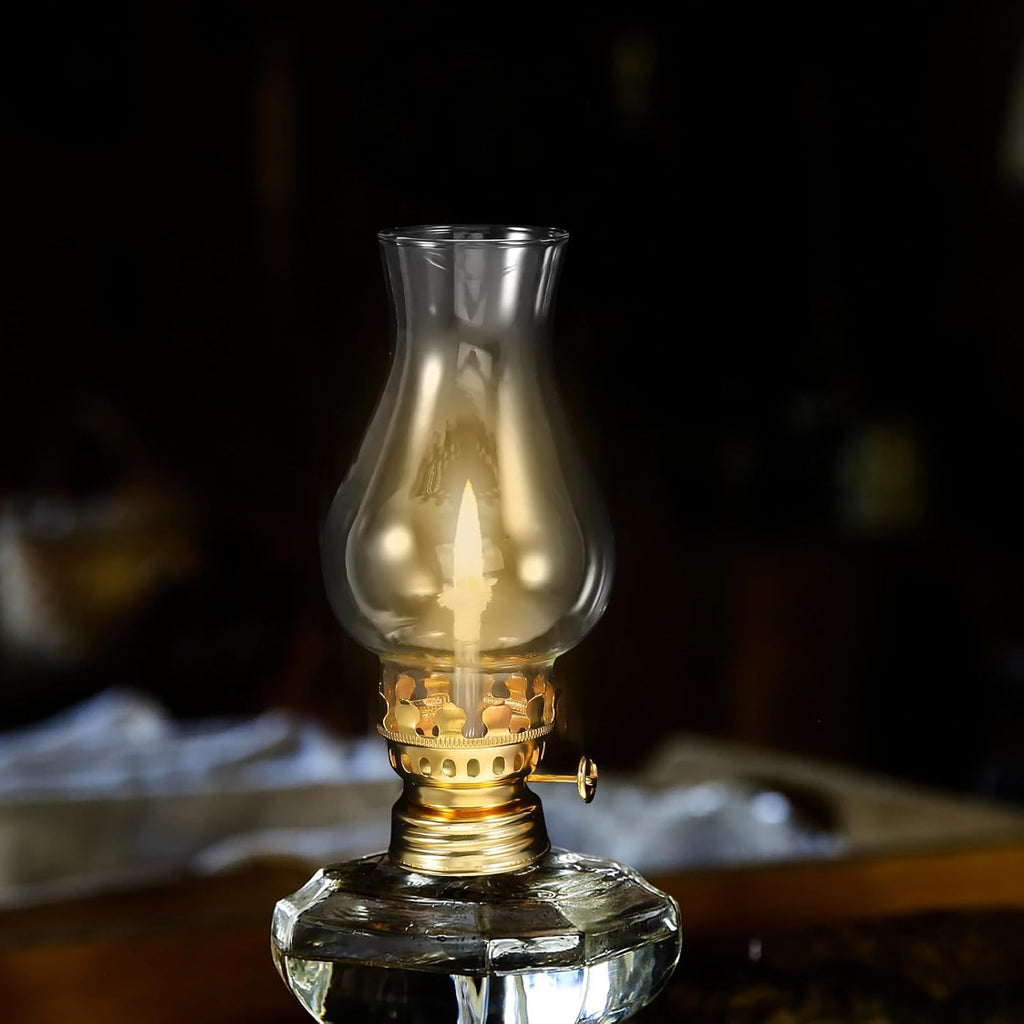 TIDTALEO Vintage Glass Oil Lamp Chimney Replacement with Metal Wick Adjuster, Kerosene Lantern Globe Accessory, Gold Tone, Suitable for Indoor Use and Camping –