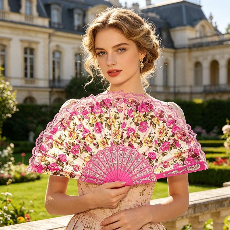 Floral Lace Folding Hand Fan with Tassel, Vintage Chinese Style Foldable Fan, Elegant Handheld Fans for Women, Wedding Party, Cosplay, Home Decor (Magenta)