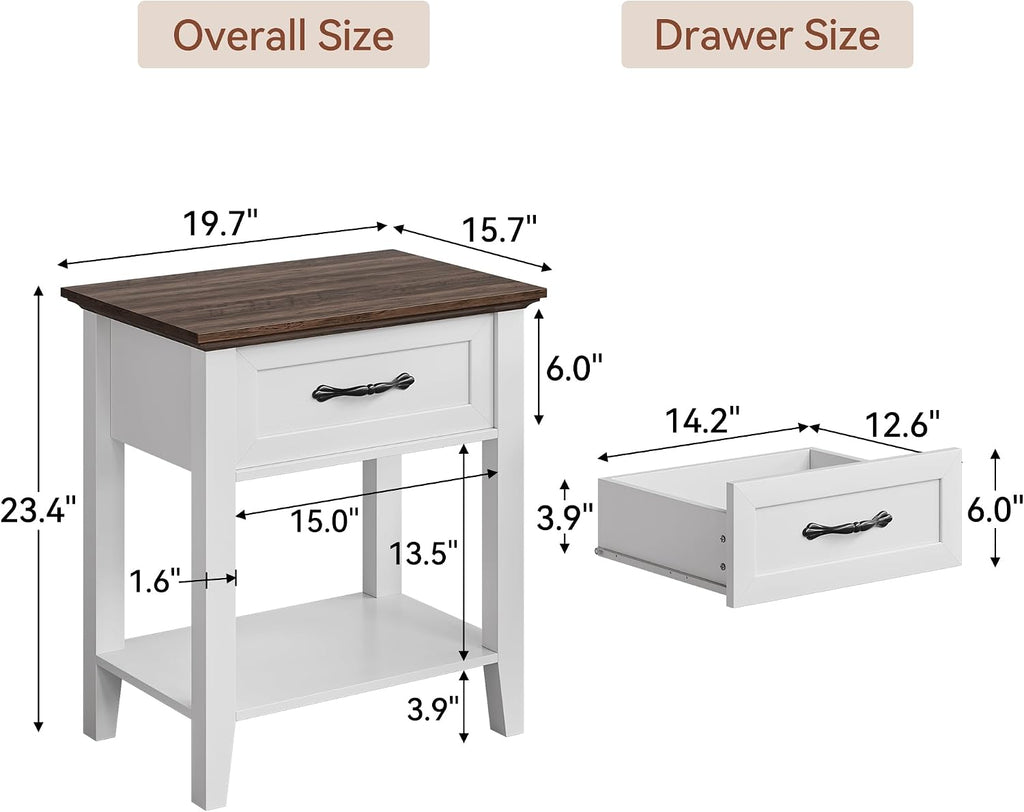 Side Table, Wood Coffee Table with Drawer Square Nightstand with Open Storage Shelf Narrow End Table 23.4'' Tall Sofa Table for Living Room, Bedroom, Office, White
