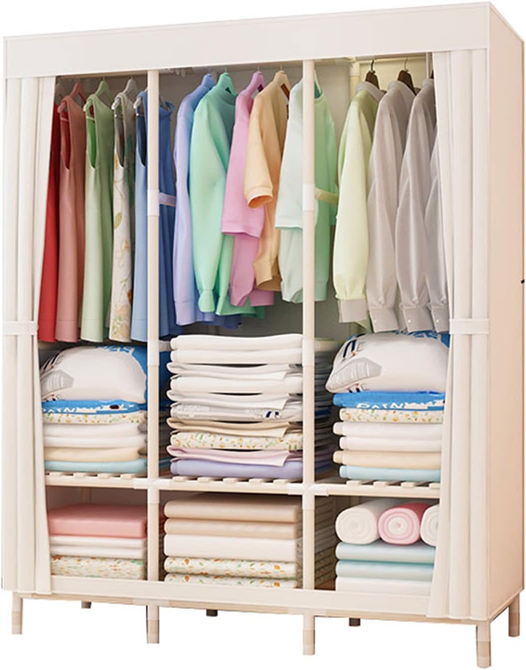 Solid Wood Folding Wardrobe Doors,Portable Assembly Canvas Effect Wardrobe Solid Color Fabric Clothes Storage Rack(Size:126 * 170 * 45CM,Color:A)