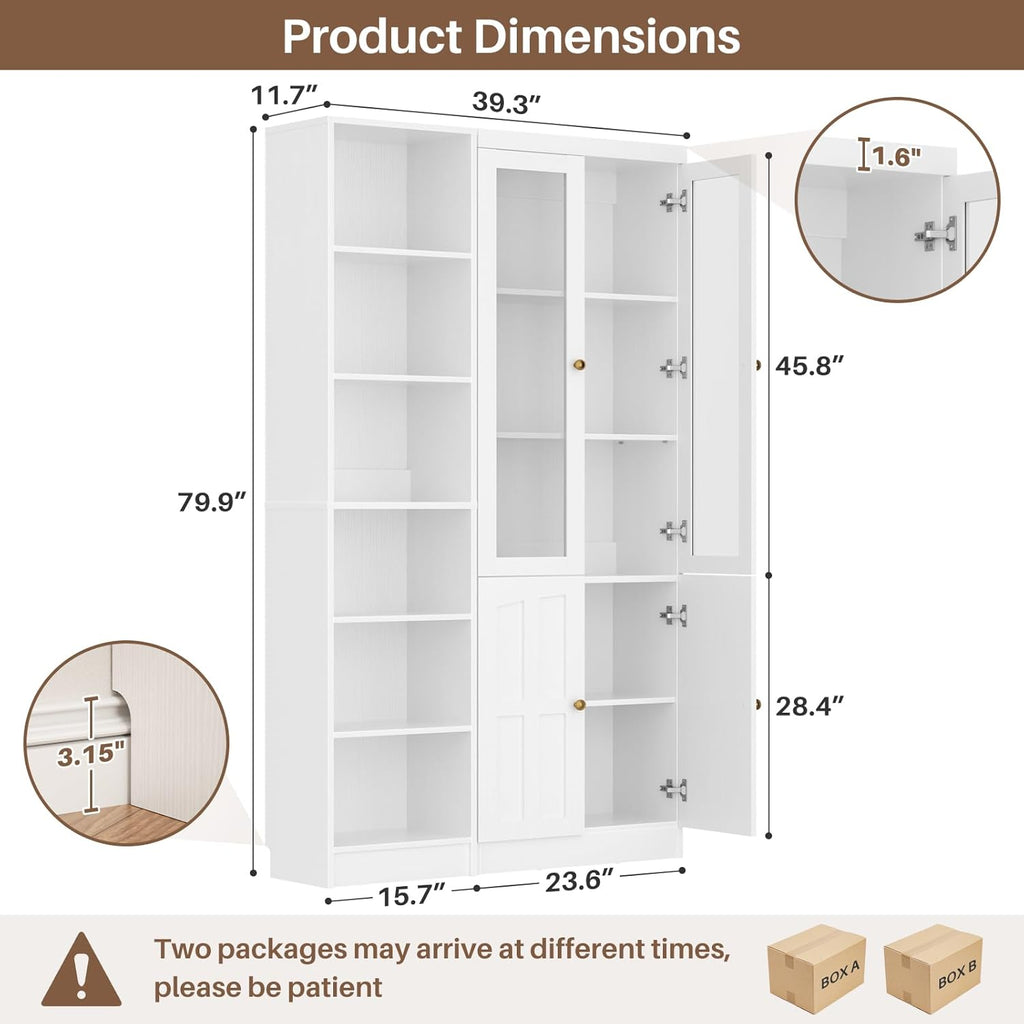 Cyclysio 80" Tall Pantry Cabinet with Tempered Glass Doors, Kitchen Cabinet with Anti-Tipping Device and Adjustable Shelves, Versatile Cupboard for Kitchen, Dining, Set of 2 (White)