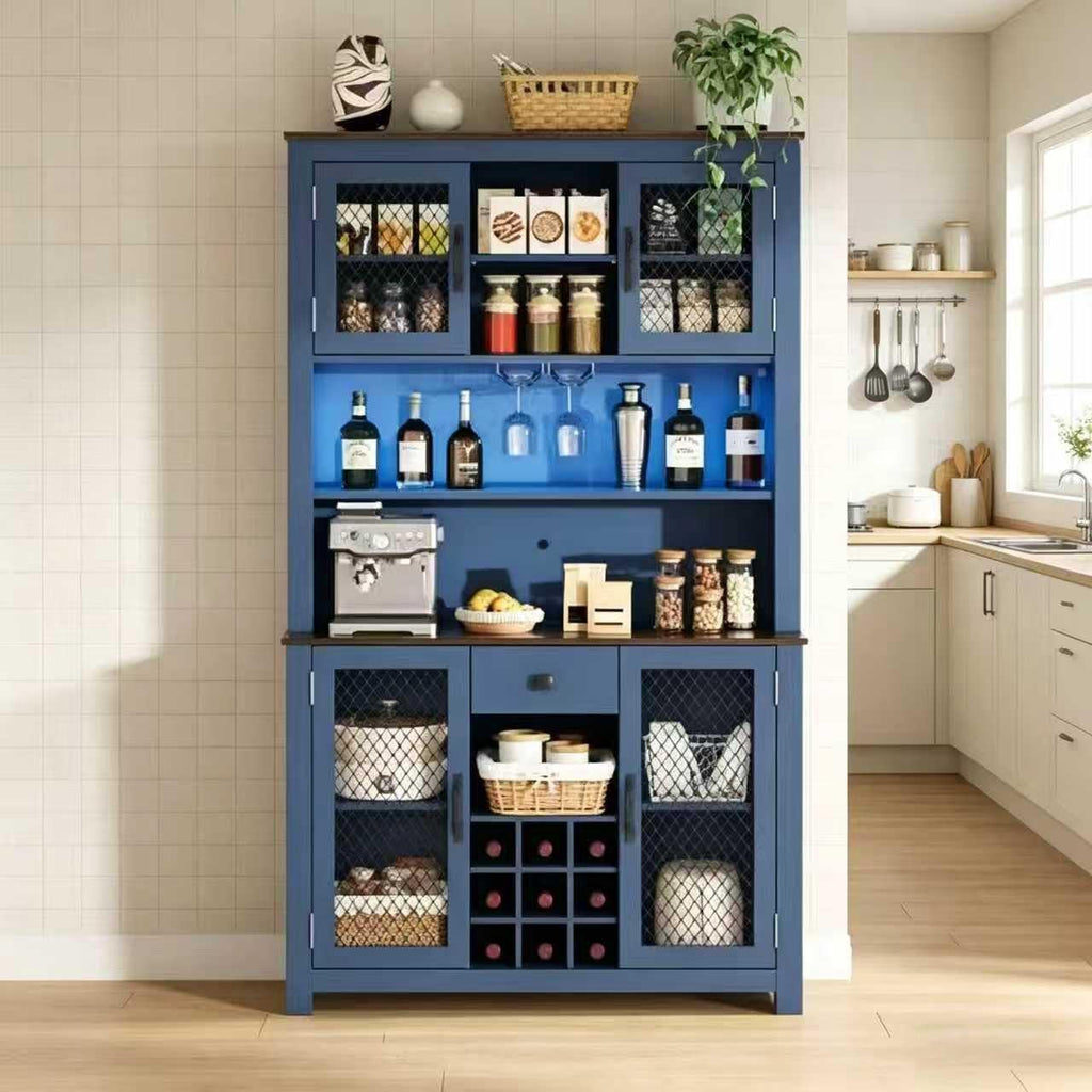Navy Blue Kitchen Pantry Cabinet, Tall Buffet with Wine Storage, Coffee Bar & Mesh Doors