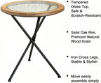 Premium Round Solid Wood Glass Top Side Table, Mid-Century Modern Industrial Accent End Table with Metal Tripod Legs for Living Room, Bedroom, Balcony & Small Spaces
