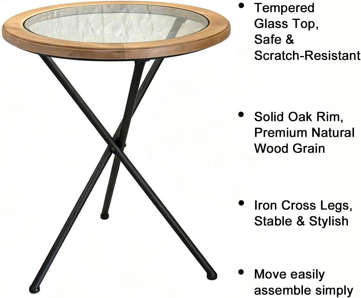 Premium Round Solid Wood Glass Top Side Table, Mid-Century Modern Industrial Accent End Table with Metal Tripod Legs for Living Room, Bedroom, Balcony & Small Spaces