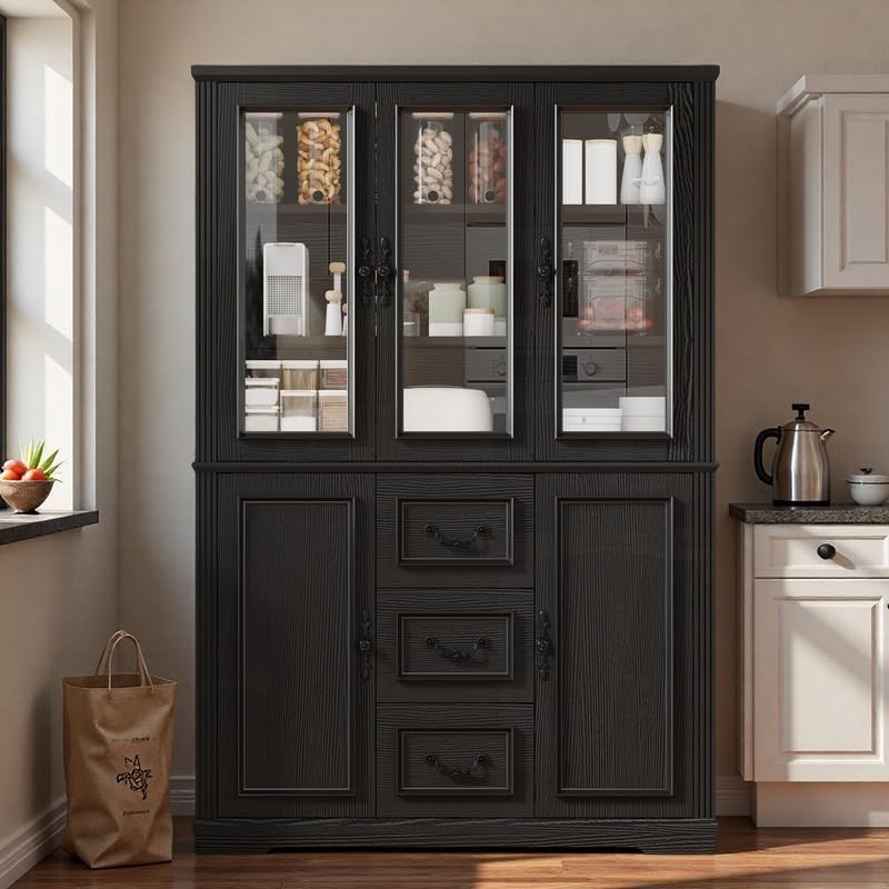 YITAHOME 71" H x 47" W Kitchen Pantry with 3 Drawers, Large Storage Cabinet with 3 Glass Doors & Adjustable Shelves, Freestanding Tall Display China Cabinet for Living & Dining Room, Black