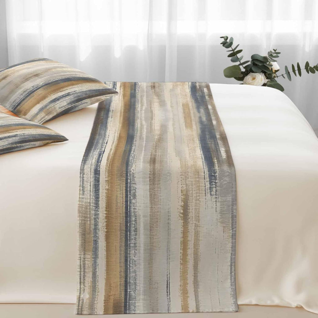 California King Size Abstract Coastal Landscape Bed Runner Set 102 x 20 inch Modern Retro Mottled Beige Blue Bed Runners with 2 Matching Pillow Covers, Decorative Throw Pillowcases Bedding Scarf