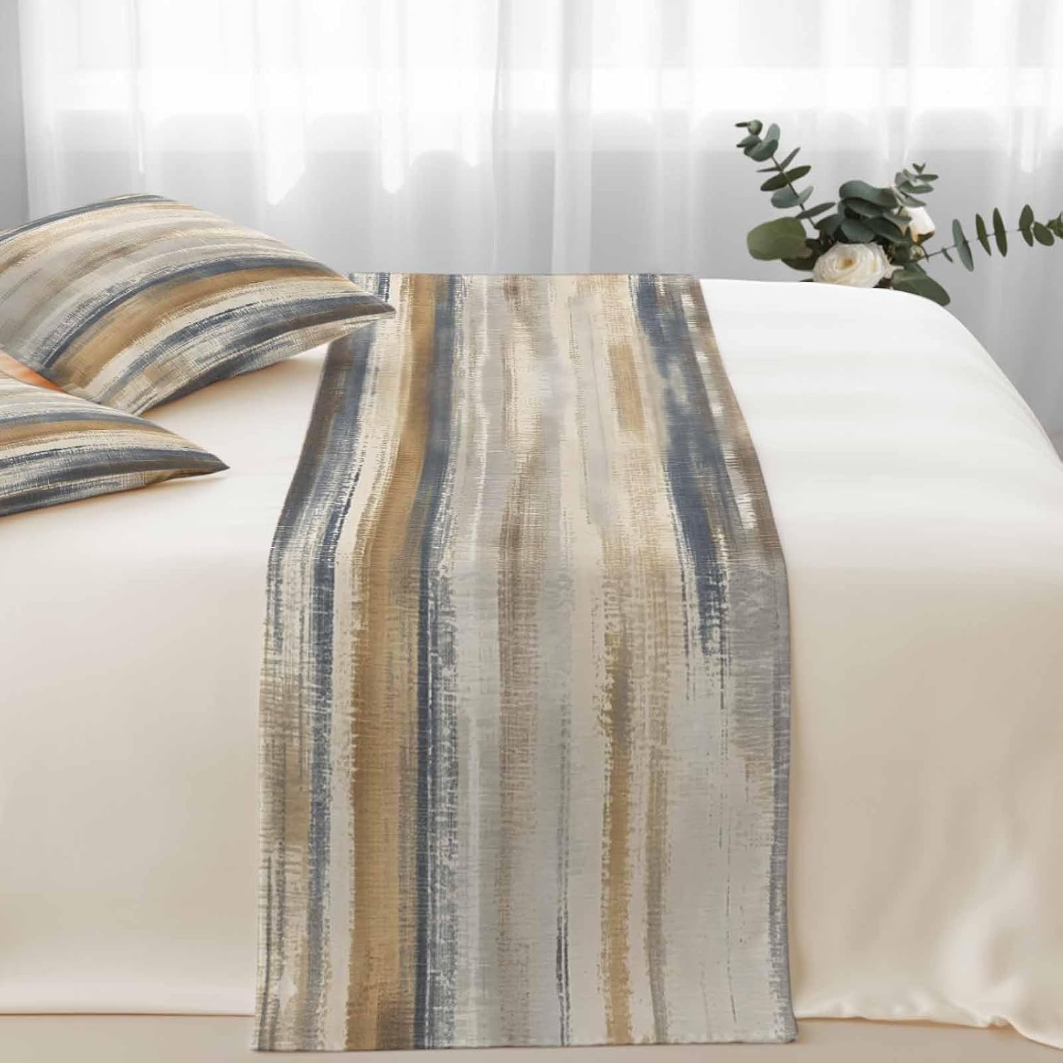 California King Size Abstract Coastal Landscape Bed Runner Set 102 x 20 inch Modern Retro Mottled Beige Blue Bed Runners with 2 Matching Pillow Covers, Decorative Throw Pillowcases Bedding Scarf