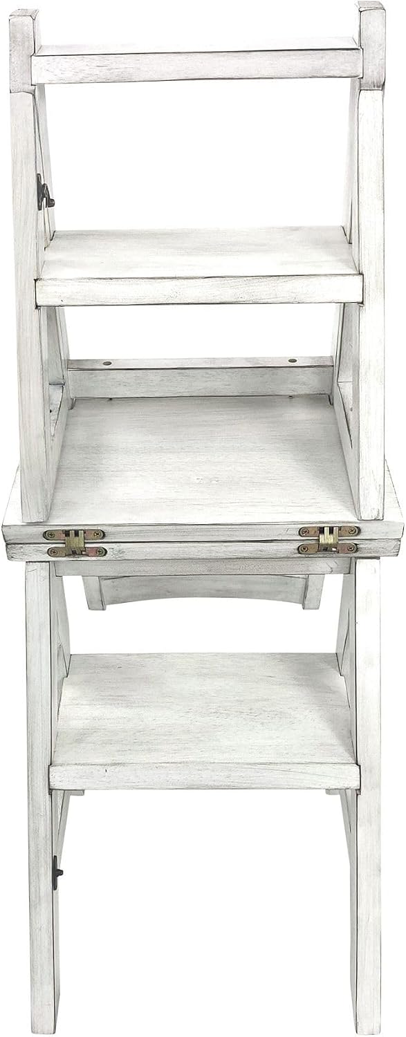 Carolina Chair & Table Antique Folding Library Ladder Chair - Convertible 2-in-1 Chair, Foldable Ladder Seat with Storage Shelf - Multifunctional Furniture for Bedroom, Dining (Antique White)
