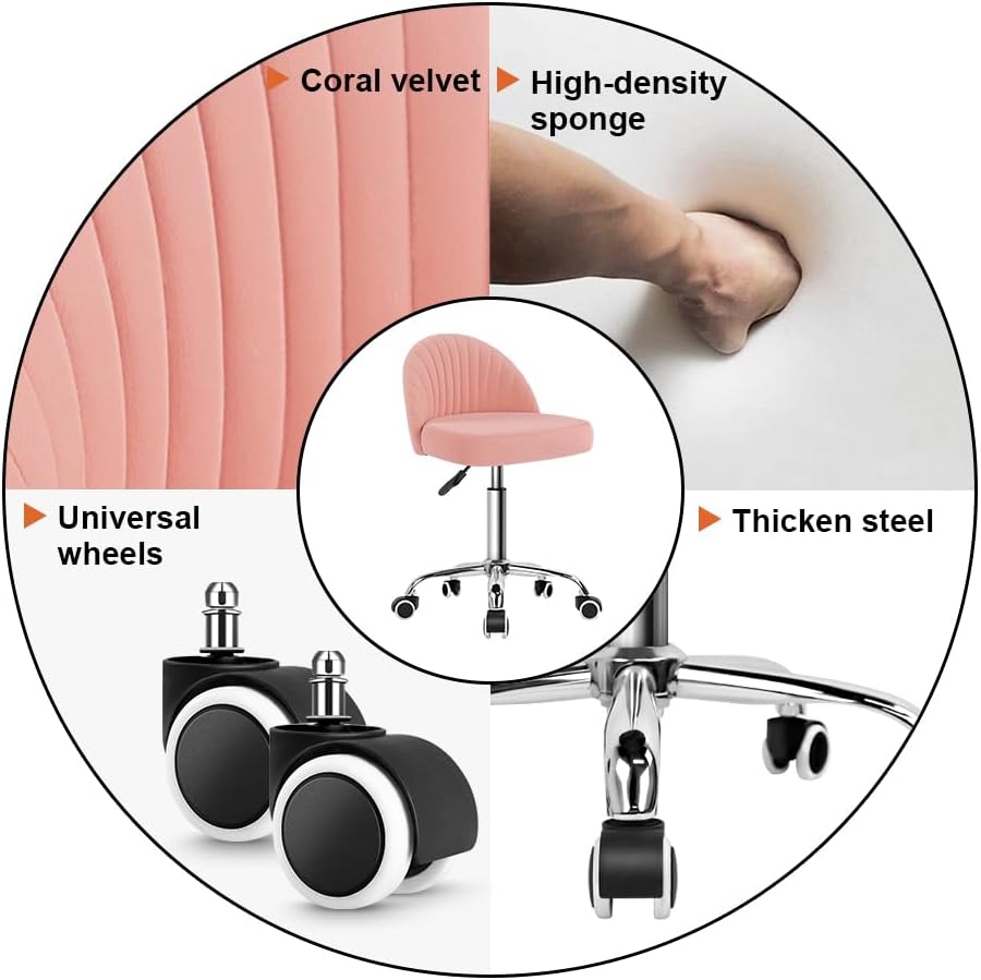 KKTONER Rolling Stool Swivel Office Chair Velvet Vanity Chairs Height Adjustable stools with Back for Bedroom Home Makeup Cosmetic Drafting(Pink)