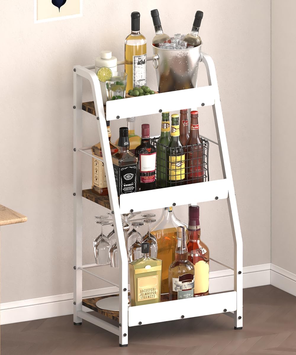 3-Tier Liquor Stand for Home Bar, Trapezoid Freestanding Whisky Bottle Holder with Fences, Stepped Versatile Liquor Bottle Display Shelf, Corner Floor Bar Stand for Liquor Storage, White