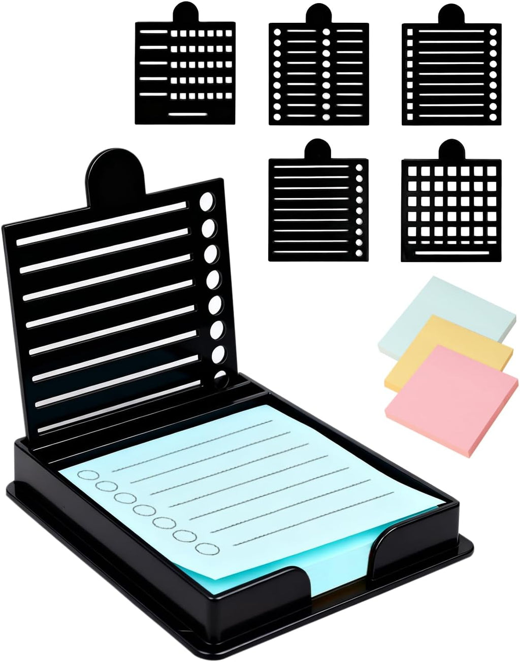 Sticky Note Stencil and Holder with 5 Templates, Reusable 3"x3" Template Compatible with Post It Notes for Office and Home