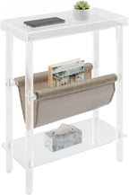 Acrylic Narrow Side Table for Small Spaces, 7" W×23.9" H x 15.7" L Slim End Table with Magazine Holder, Clear Skinny Bedside Table Nightstand for Living Room, Bedroom, Sofa