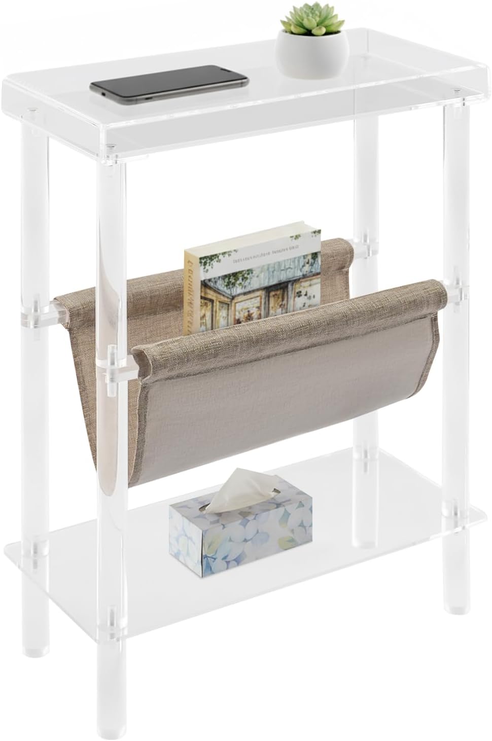 Acrylic Narrow Side Table for Small Spaces, 7" W×23.9" H x 15.7" L Slim End Table with Magazine Holder, Clear Skinny Bedside Table Nightstand for Living Room, Bedroom, Sofa