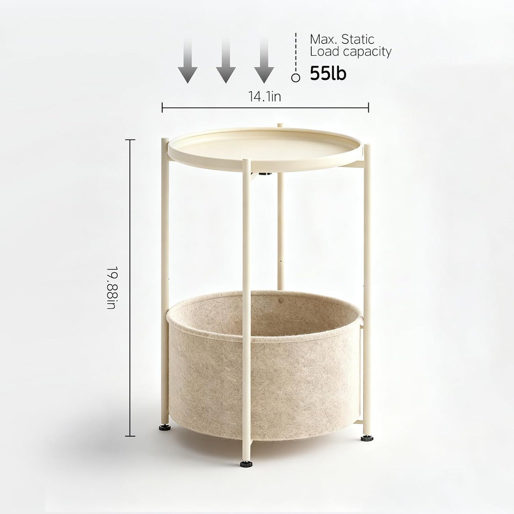 Small Round Side Table with Felt Storage Basket, Metal End Table with Removable Tray and Adjustable Feet, Accent Table for Nursery, Bedroom, Living Room, Laundry Room, Gold