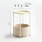 Small Round Side Table with Felt Storage Basket, Metal End Table with Removable Tray and Adjustable Feet, Accent Table for Nursery, Bedroom, Living Room, Laundry Room, Gold