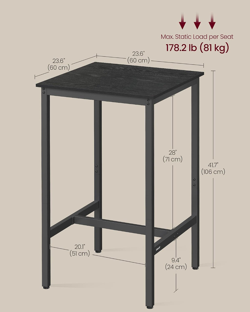 VASAGLE Bar Table, Kitchen Dining Table, High Top Pub Table, Bar Height Cocktail Table for Living Room Party, Sturdy Metal, 23.6 x 23.6 x 41.7 Inches for Narrow Spaces, Ebony Black and Ink Black