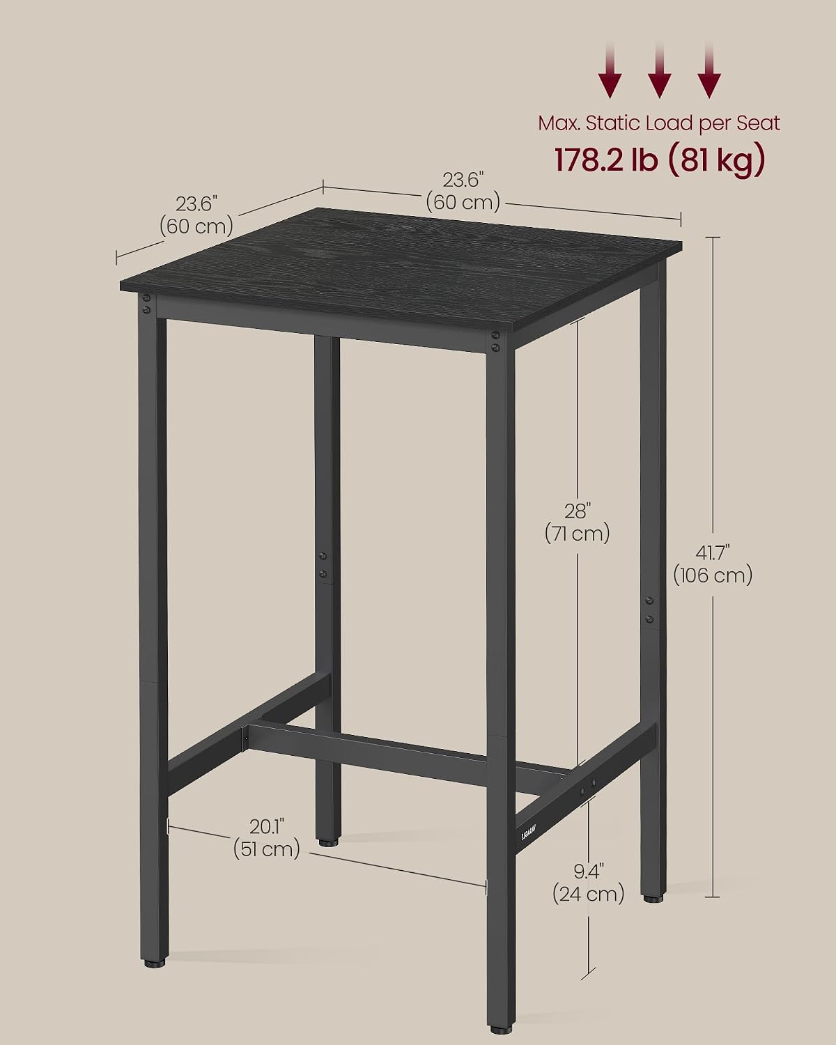 VASAGLE Bar Table, Kitchen Dining Table, High Top Pub Table, Bar Height Cocktail Table for Living Room Party, Sturdy Metal, 23.6 x 23.6 x 41.7 Inches for Narrow Spaces, Ebony Black and Ink Black