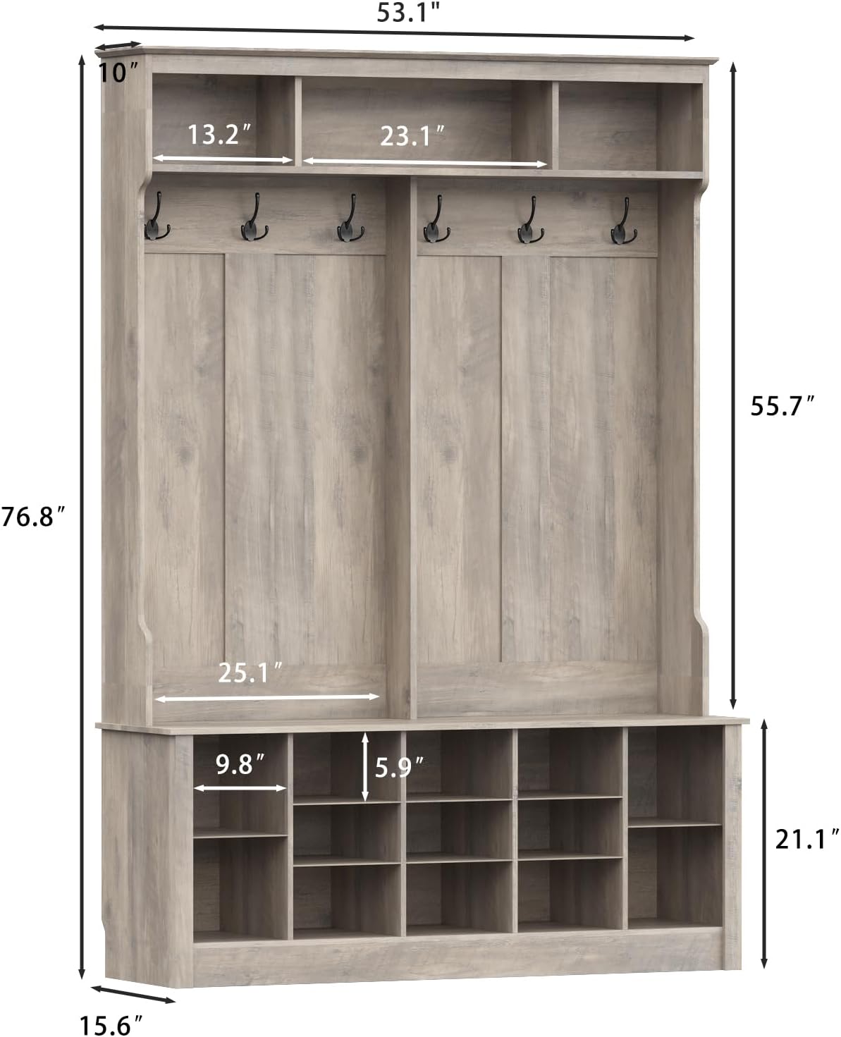 Wodeer Hall Tree with Bench and Shoe Storage, 53" Farmhouse 4-in-1 Mudroom Storage Organizer with Coat Rack, 6 Hooks, 12 Shoe Cubbies, Adjustable Shelf, for Entryway, Hallway, Living Room, Grey