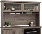 Pemberly Row Modern Engineered Wood Hutch, Pebble Pine/Brown Finish, 41.3 in H x 65.1 in W x 15.1 in D, Safety-Tempered Glass Doors, Storage Cubbyholes, Compatible with Credenza or L-Shaped Desk