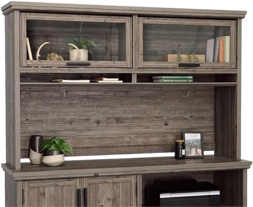 Pemberly Row Modern Engineered Wood Hutch, Pebble Pine/Brown Finish, 41.3 in H x 65.1 in W x 15.1 in D, Safety-Tempered Glass Doors, Storage Cubbyholes, Compatible with Credenza or L-Shaped Desk