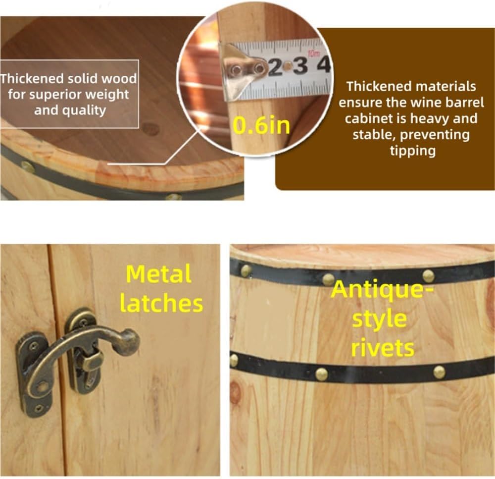 Wooden Whiskey Barrel Table, Wine Cabinet with Storage, Whiskey and Wine Barrel Side Table with Doors for Home, Wine Cellar, Bar(31.49 * 18.89in)