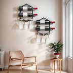 Wall Mounted Wine Rack, 2-Pack Black Metal, 4-Bottle Holder with 6-Glass Hanger Display Shelf, Space-Saving Storage Kitchen Bar Dining Room
