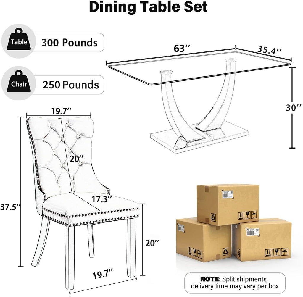 Mid Century Modern Glass Dining Table Set for 6 with Bench, 63'' Large Luxury Clear Rectangular Glass Top Dinner Room Set, 6 PCS Retro Furniture Kitchen Set, Black High-end Tufted Chairs
