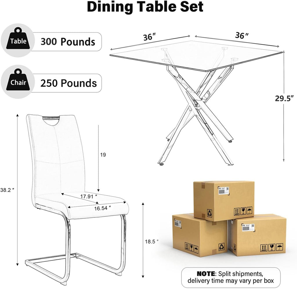 36 Inch Dining Table Set for 4, Modern Square Tempered Glass Top, Gold Finish Stainless Steel Legs Table and PU Leather Chairs for Dining Room, Living Room, Kitchen, Beige with Gold Base