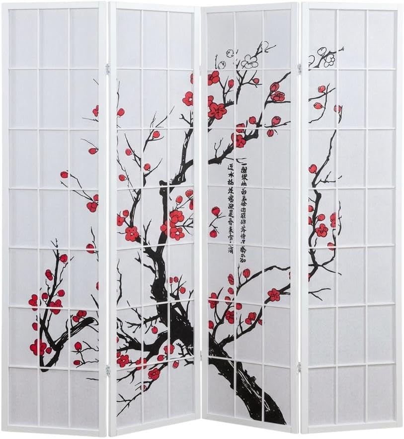 FurniFact White 4-Panel Wood Room Divider, Folding Privacy Screen, Fabric Panels, Floral Print, Oriental Style, 70 Inch, Freestanding