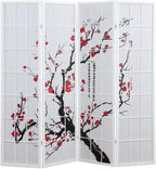 FurniFact White 4-Panel Wood Room Divider, Folding Privacy Screen, Fabric Panels, Floral Print, Oriental Style, 70 Inch, Freestanding