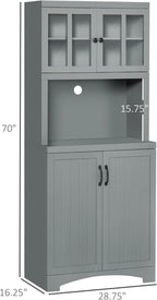 HOMCOM Kitchen Hutch, 70" Pantry Cabinet with Glass Framed Door, Storage Cabinet with Adjustable Shelves and Microwave Space for Dining Room, Gray