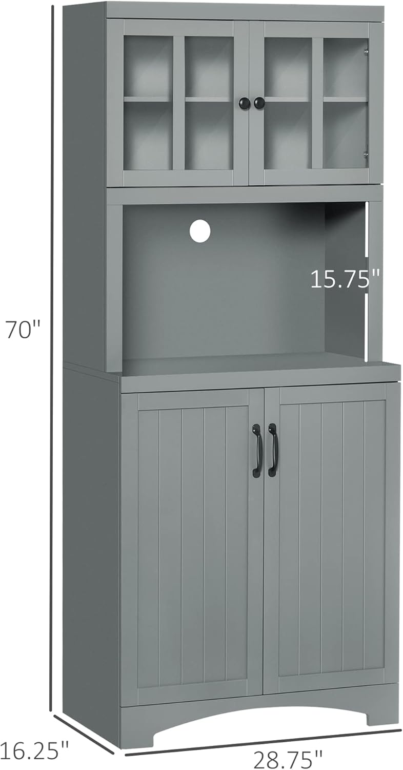 HOMCOM Kitchen Hutch, 70" Pantry Cabinet with Glass Framed Door, Storage Cabinet with Adjustable Shelves and Microwave Space for Dining Room, Gray