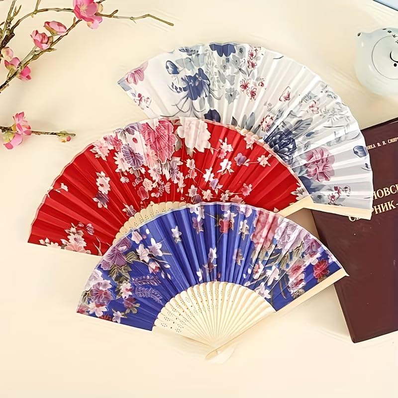 8.26x15.74Inches Handheld Folding Fan with Vintage Chinese Floral Patterns, Portable Collapsible Summer Fan, Unisex Traditional Style, Dance Performance Prop, Pocket-Sized Easy to Carry,White