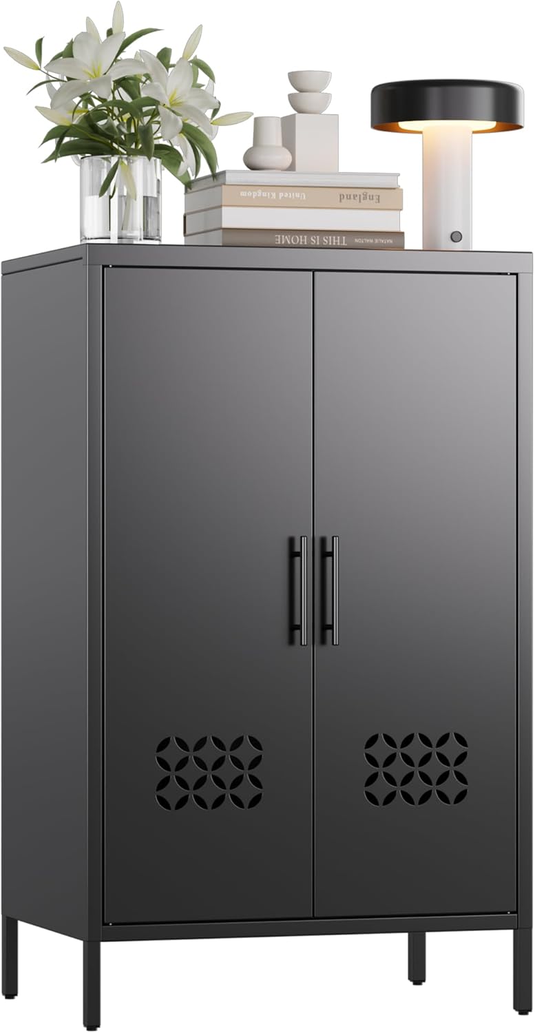 Metal Storage Cabinet with 2 Adjustable Shelves,Metal Buffet Sideboard Cabinet with 2 Doors for Home,Office, 42" H x 26" W x 14" D,Assembly Required,Black