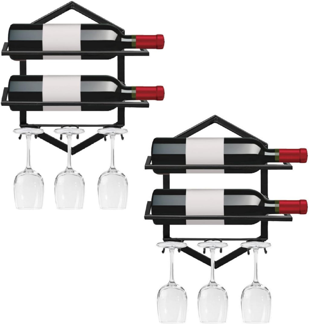 Wall Mounted Wine Rack, 2-Pack Black Metal, 4-Bottle Holder with 6-Glass Hanger Display Shelf, Space-Saving Storage Kitchen Bar Dining Room