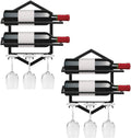 Wall Mounted Wine Rack, 2-Pack Black Metal, 4-Bottle Holder with 6-Glass Hanger Display Shelf, Space-Saving Storage Kitchen Bar Dining Room
