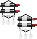 Wall Mounted Wine Rack, 2-Pack Black Metal, 4-Bottle Holder with 6-Glass Hanger Display Shelf, Space-Saving Storage Kitchen Bar Dining Room