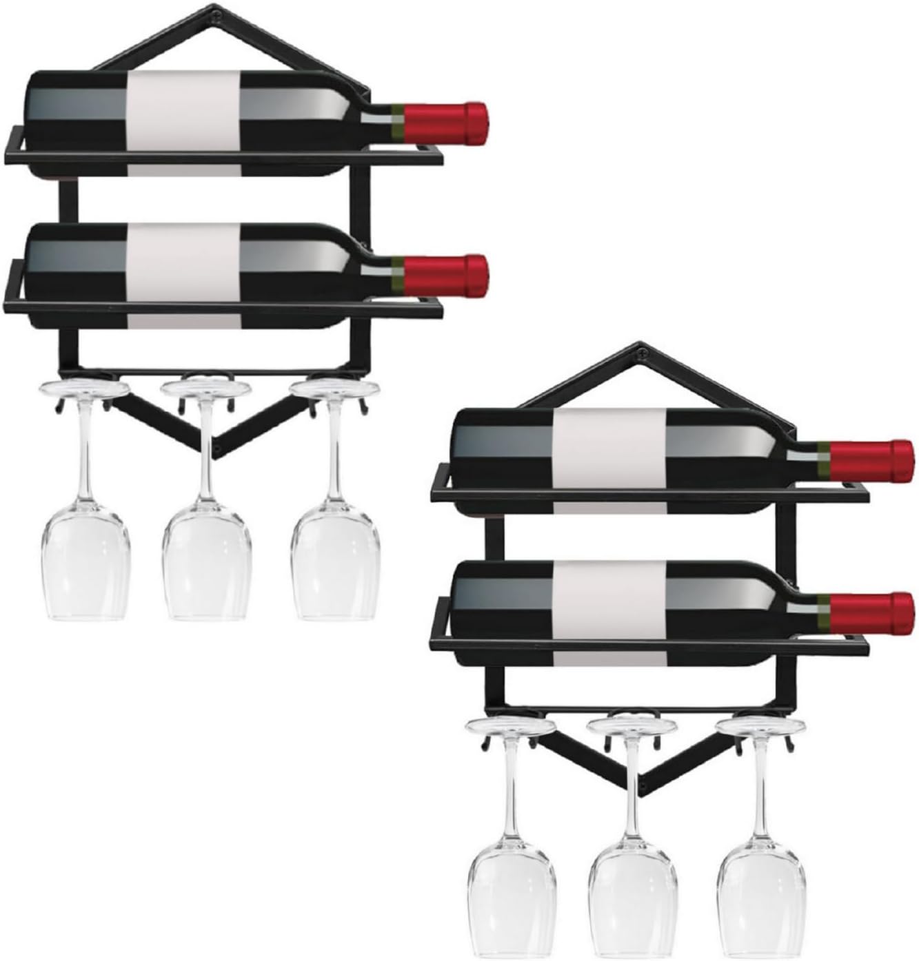 Wall Mounted Wine Rack, 2-Pack Black Metal, 4-Bottle Holder with 6-Glass Hanger Display Shelf, Space-Saving Storage Kitchen Bar Dining Room