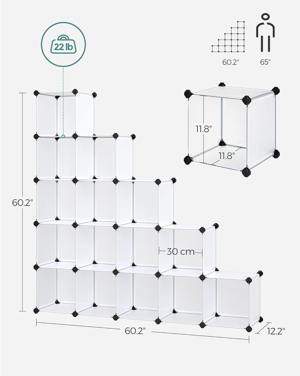 SONGMICS Cube Storage Organizer, Set of 16 Plastic Cubes, Book Shelf, Closet Organizers and Storage, Room Organization, Bedroom Living Room, 12.2 x 48.4 x 48.4 Inches, White ULPC44L
