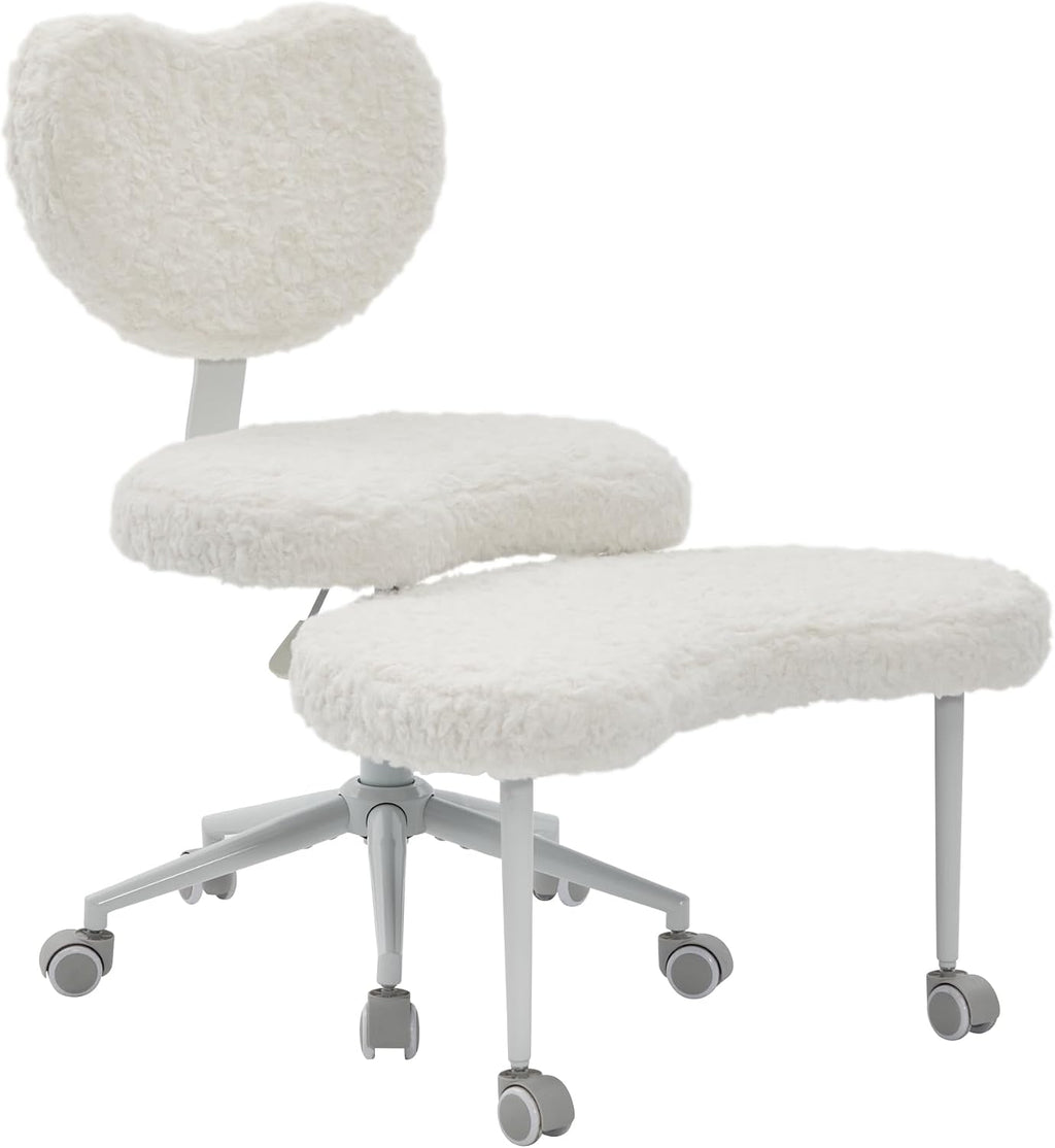 Artificial Rabbit Hair Meditation Chair Plus, Cross Legged Chair with Wheels, ADHD Chair, Criss Cross Desk Chair with Lumbar Support and Adjustable Stool, Flexible Design for Fidgety Sitters, Beige