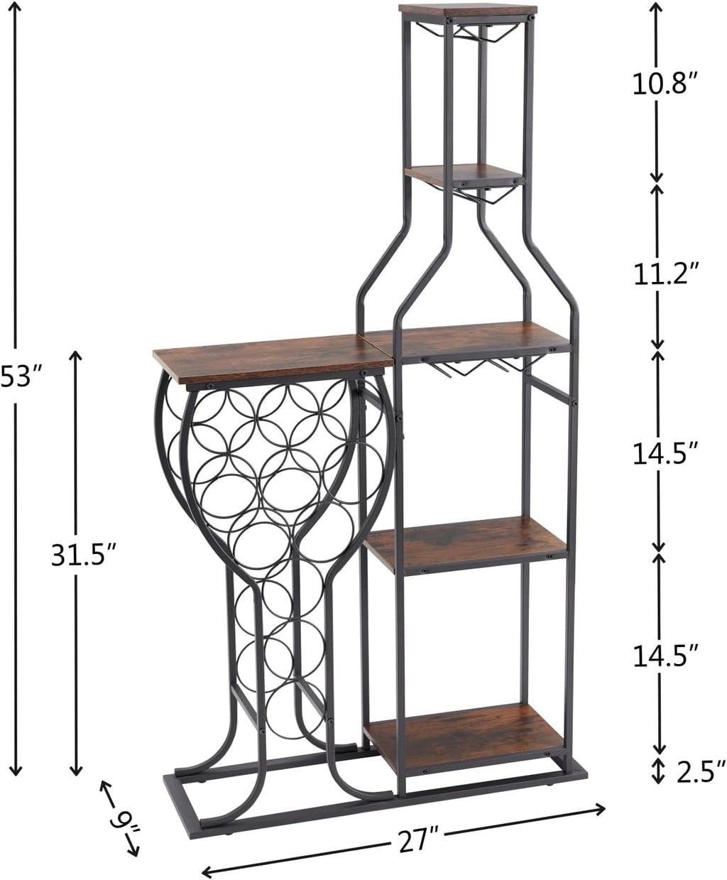 5-Tier Wine Rack Freestanding Floor, 11 Bottles Modern Wooden Wine Holder-Storage Cabinet for Home Bar, Kitchen, Dining Room Space Saving Bar Stand with Easy Assembly.(Brown)