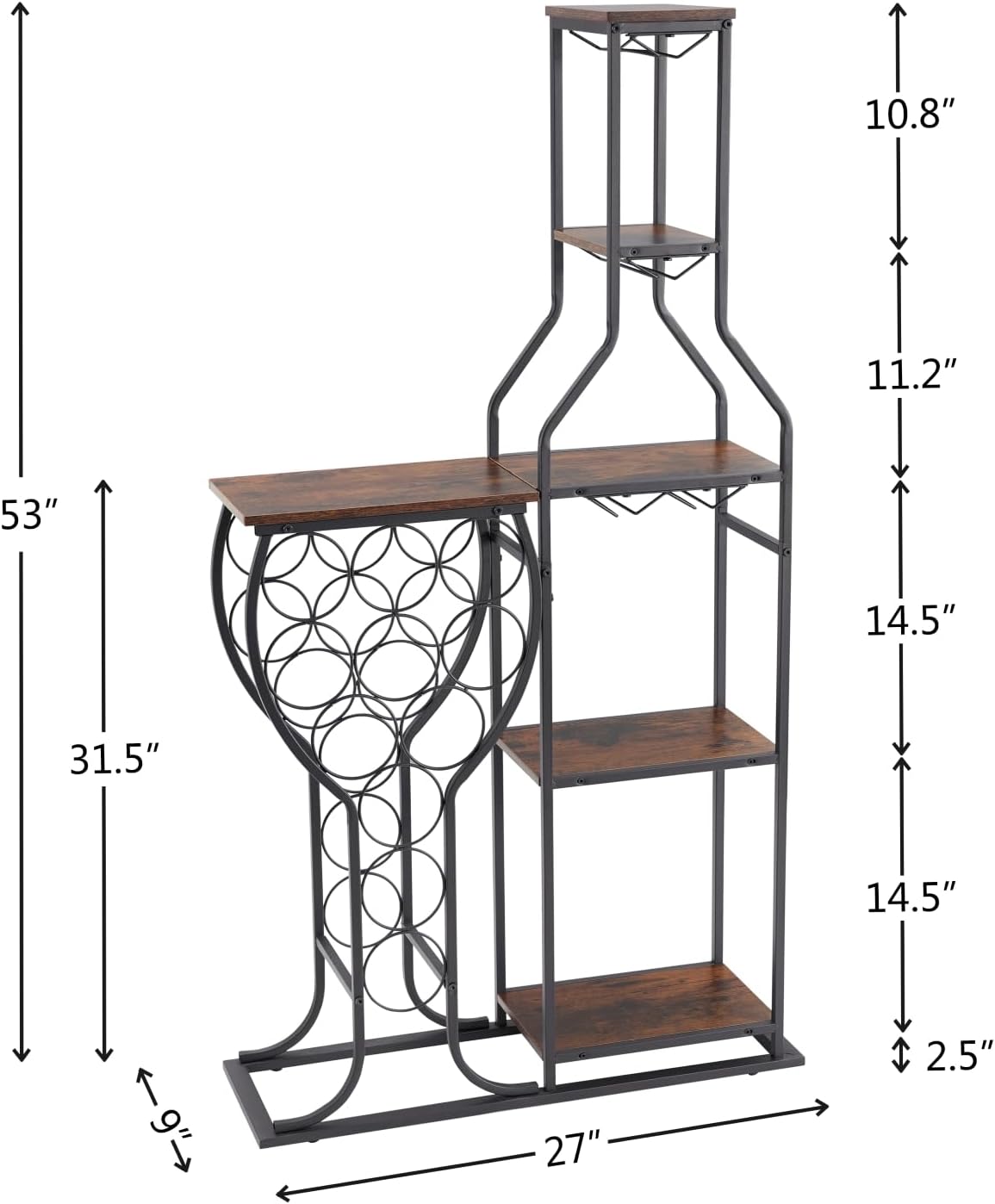 5-Tier Wine Rack Freestanding Floor, 11 Bottles Modern Wooden Wine Holder-Storage Cabinet for Home Bar, Kitchen, Dining Room Space Saving Bar Stand with Easy Assembly.(Brown)
