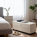 Storage Ottoman Bench for Bedroom, End of Bed Bench with Hidden Storage, Upholstered Tufted Linen Ottoman with Safety Hinge, Bedroom Bench with Storage, 43 Inch, 350lb, Linen Beige