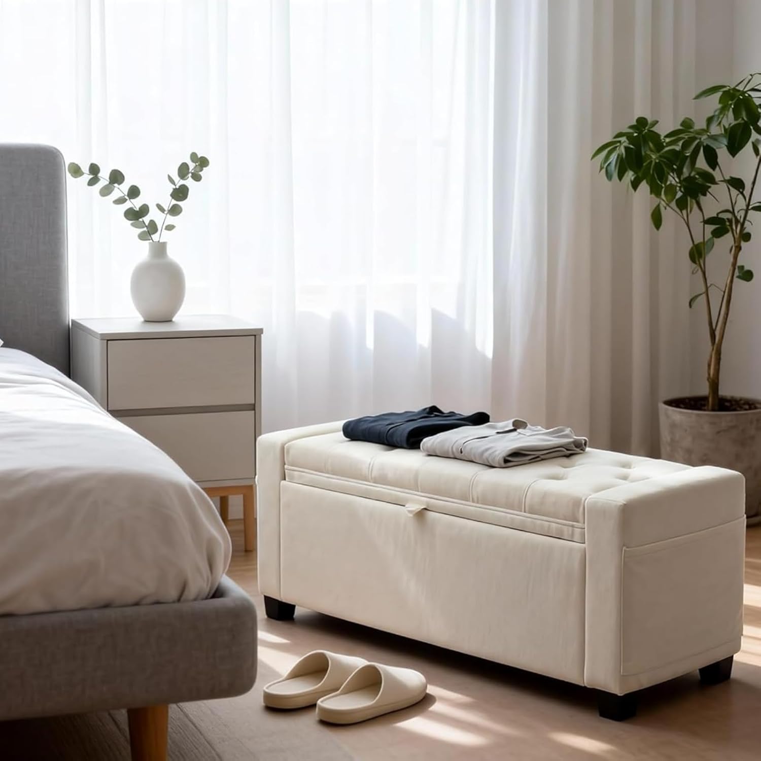 Storage Ottoman Bench for Bedroom, End of Bed Bench with Hidden Storage, Upholstered Tufted Linen Ottoman with Safety Hinge, Bedroom Bench with Storage, 43 Inch, 350lb, Linen Beige