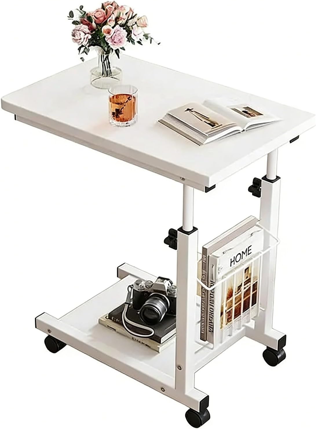 C Shaped End Table with Rolling Wheels, Height Adjustable Bedside Desk for Small Space Bedroom, Industrial TV Tray Couch Table Cart for Living Room(White,50x30cm)