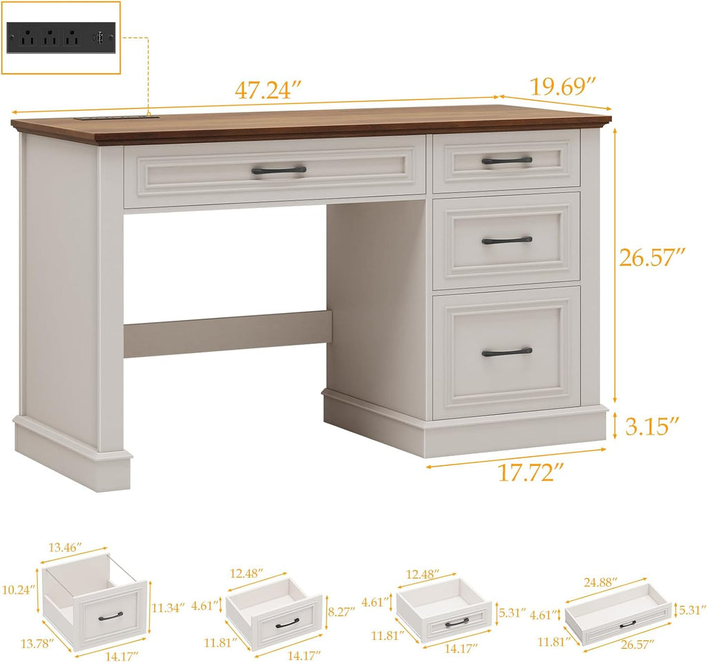 Halitaa Farmhouse 47" Executive Desk, Computer Desk with Drawers and File Drawer, Workstation Computer Desk with Charging Station for Home Office,Study.Unique White