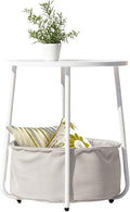 Homy Casa Modern Round End Table with Fabric Basket, Small Side Table Nightstand for Bedroom Nursery with Fabric Storage Basket for Living Room and Bedroom, White